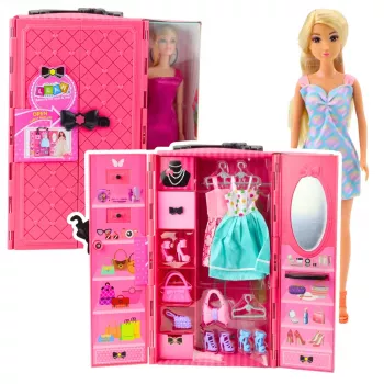 LEAN TOYS Lėlė su Drabužių Spinta Priedais Rožiniai Drabužiai Mados Apsirengimo Rinkinys
