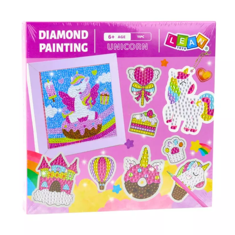 LEAN TOYS Kūrybinis rinkinys „Deimantinė mozaika“ – Raktų pakabukai „Vienaragiai“ (spalvingas)