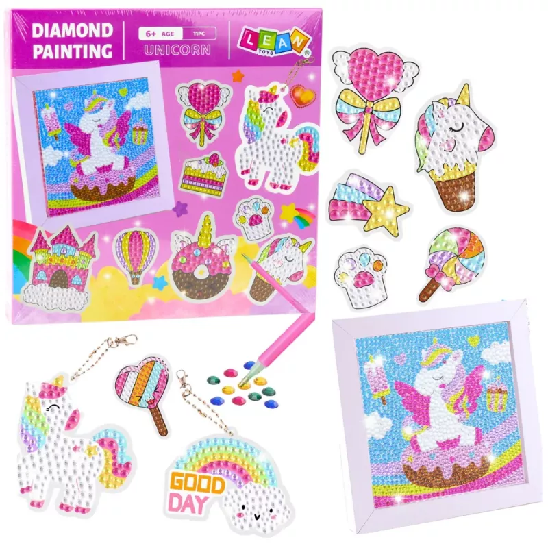 LEAN TOYS Kūrybinis rinkinys „Deimantinė mozaika“ – Raktų pakabukai „Vienaragiai“ (spalvingas)