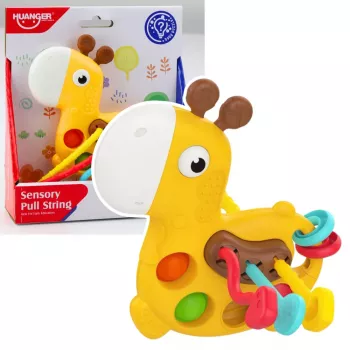 LEAN TOYS Sensorinis žaislas Žirafa su traukiamomis virvelėmis geltona