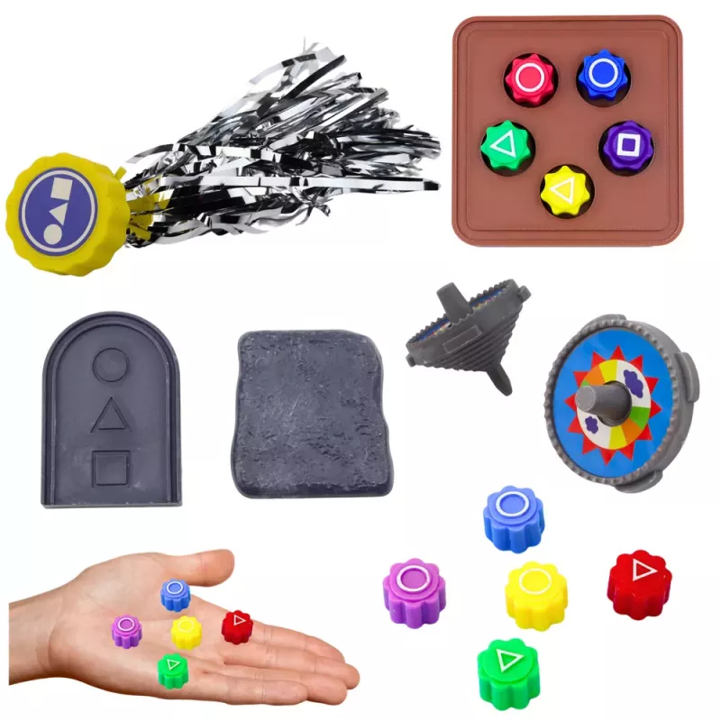 LEAN TOYS Squid Game Tradicinių Korėjos žaidimų rinkinys: Ddakji, rutuliukai, Dalgona, kauliukų sukutis (4 vnt.)