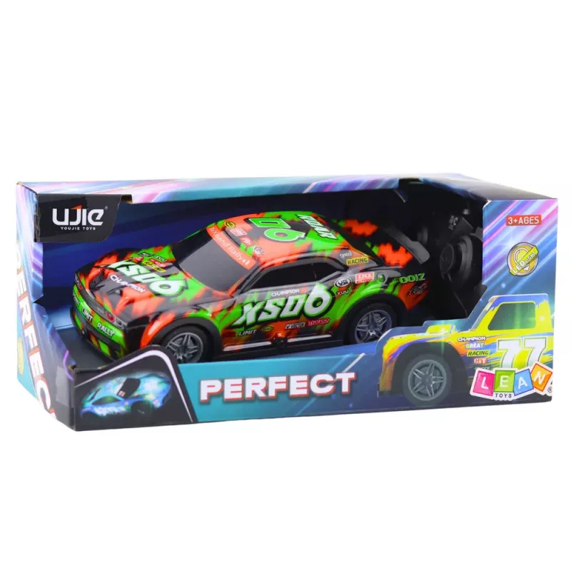 LEAN TOYS nuotoliniu valdymu lenktyninis automobilis su šviečiančiu kėbulu, oranžinis ir žalias
