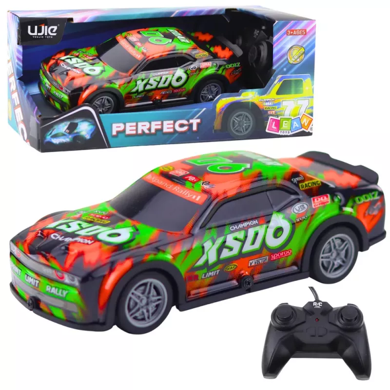 LEAN TOYS nuotoliniu valdymu lenktyninis automobilis su šviečiančiu kėbulu, oranžinis ir žalias
