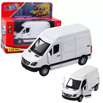 LEAN TOYS Metal Delivery Truck su atbulinės eigos varikliu, šviesomis, garsais, baltas 1:32