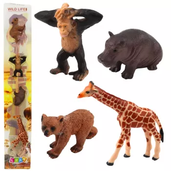 LEAN TOYS Laukiniai gyvūnai mini figūrėlių rinkinys: šimpanzė, žirafa, liūtas, zebras 6-9 cm 4 vnt.