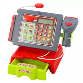 LEAN TOYS Kasos aparatas vaikams su krepšeliu, vaisiais, garsais ir šviesomis, raudonas
