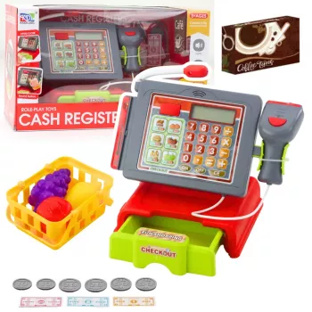 LEAN TOYS Kasos aparatas vaikams su krepšeliu, vaisiais, garsais ir šviesomis, raudonas
