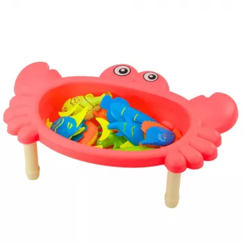LEAN TOYS Žvejybos rinkinys: Krabų stalas, 10 žuvų, meškerė, sietelis, rožinis