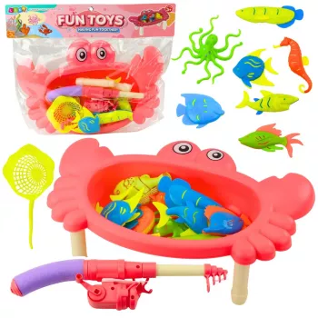 LEAN TOYS Žvejybos rinkinys: Krabų stalas, 10 žuvų, meškerė, sietelis, rožinis