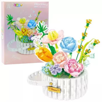 LEAN TOYS Konstrukciniai blokeliai Gėlių kompozicija krepšyje su LED apšvietimu 1376 dalių