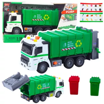 LEAN TOYS Šiukšliavežis su šiukšliadėže, šviesomis ir garsais, žalias, 1:16 mastelis