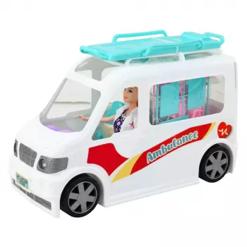 LEAN TOYS Mobilioji ligoninė – greitosios pagalbos automobilis su neštuvais 2in1, lėlių gydytojo aksesuarai