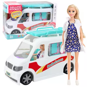 LEAN TOYS Mobilioji ligoninė – greitosios pagalbos automobilis su neštuvais 2in1, lėlių gydytojo aksesuarai