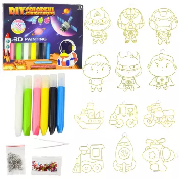 LEAN TOYS 3D DIY Kosmoso Piešimo Rinkinys – 12 pakabukų, 6 dažų, akriliniai, gipsiniai, nuo 6 metų