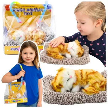 LEAN TOYS Miegantis rudas katinas ant pagalvėlės figūrėlė su kailiniu maišeliu ir garsais