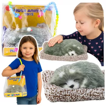 LEAN TOYS Miegantis haskis ant pagalvėlės su kailiniu maišeliu ir garsais