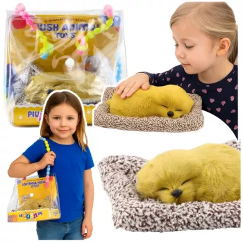 LEAN TOYS Miegantis labradoras ant pagalvės – figūrėlė su kailiu, skleidžianti garsus, permatomas krepšys