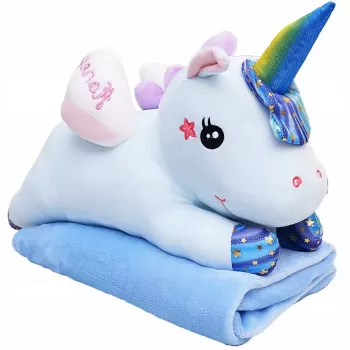 LEAN TOYS Minkštas vienaragis su antklode 160x110cm mėlynas 55cm