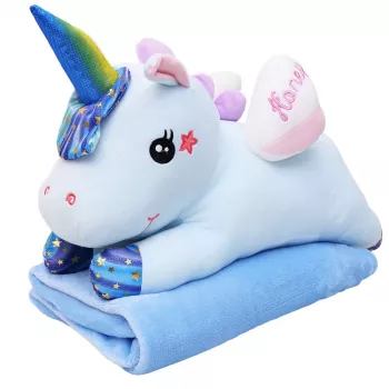 LEAN TOYS Minkštas vienaragis su antklode 160x110cm mėlynas 55cm