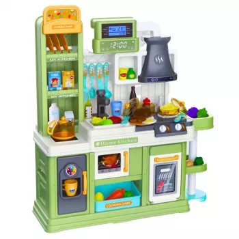 LEAN TOYS Vaikų virtuvėlė su vandens ciklu, besikeičiančiu maistu ir garais, 64 dalių, žalia