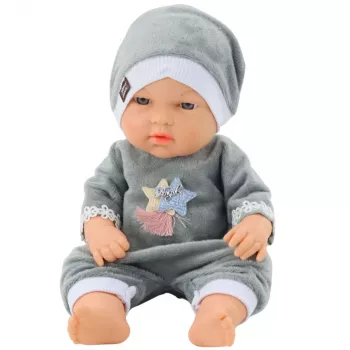 LEAN TOYS Kūdikio lėlė pilkomis pižamomis ir kepuraite, judančiomis rankomis ir kojomis, 30 cm