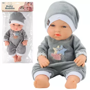 LEAN TOYS Kūdikio lėlė pilkomis pižamomis ir kepuraite, judančiomis rankomis ir kojomis, 30 cm