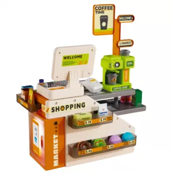 LEAN TOYS Kasos aparatas su aksesuarais Parduotuvė Kavinė Šviesa Garsas 70 dalių