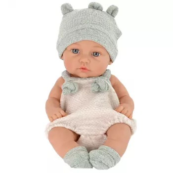 LEAN TOYS Kūdikio lėlė, pilkas komplektas, kepurė, seilinukas, 18 cm