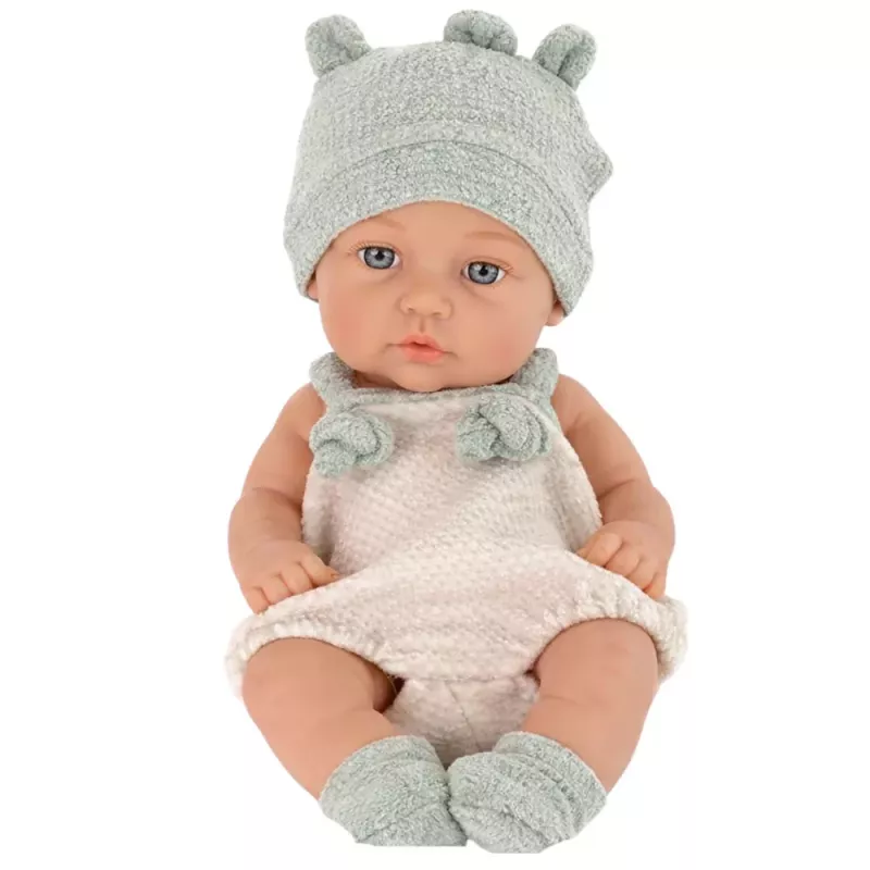 LEAN TOYS Kūdikio lėlė, pilkas komplektas, kepurė, seilinukas, 18 cm