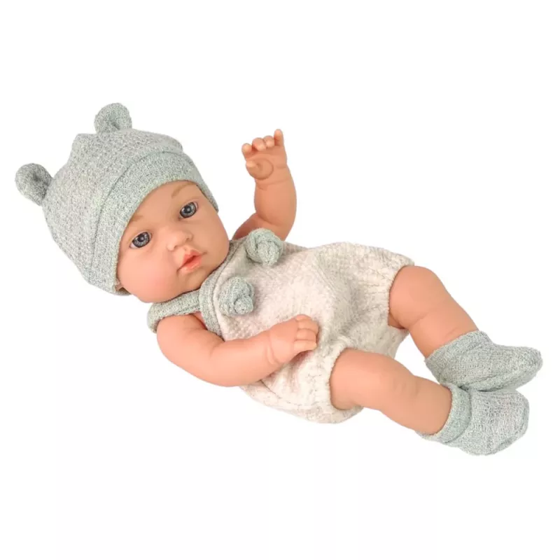 LEAN TOYS Kūdikio lėlė, pilkas komplektas, kepurė, seilinukas, 18 cm