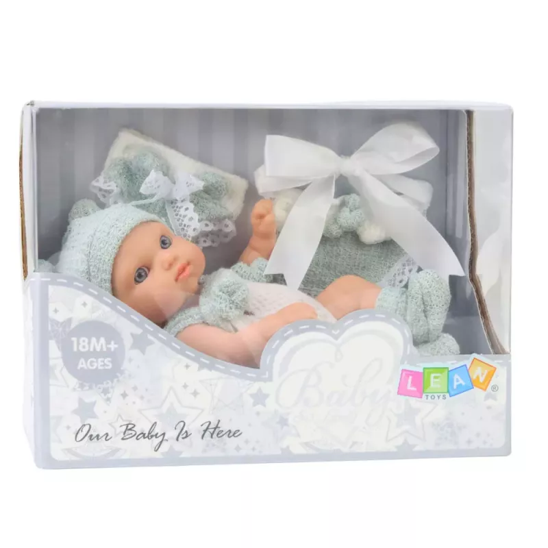 LEAN TOYS Kūdikio lėlė, pilkas komplektas, kepurė, seilinukas, 18 cm