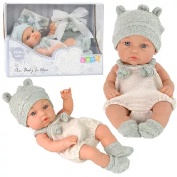 LEAN TOYS Kūdikio lėlė, pilkas komplektas, kepurė, seilinukas, 18 cm