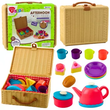 LEAN TOYS Arbatos rinkinys krepšelyje Puodeliai Lėkštės Saldumynai 23 vnt.