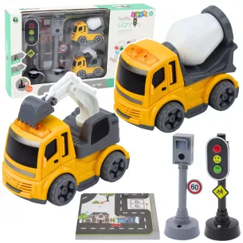 LEAN TOYS Šviesoforų, greičio matuoklio, kilimėlio, statybinių mašinų rinkinys su šviesomis ir garsais
