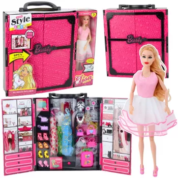 LEAN TOYS Rožinė spinta lėlėms su suknelėmis, batais ir aksesuarais