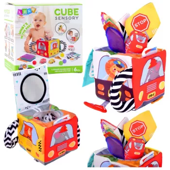 LEAN TOYS Minkštas sensorinis kubas su veidrodžiu Automobiliai ir kelio ženklai