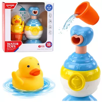 LEAN TOYS Voniai skirtas žaislų rinkinys su ančiuko formos muilo dozatoriumi ir puodeliu, mėlynas
