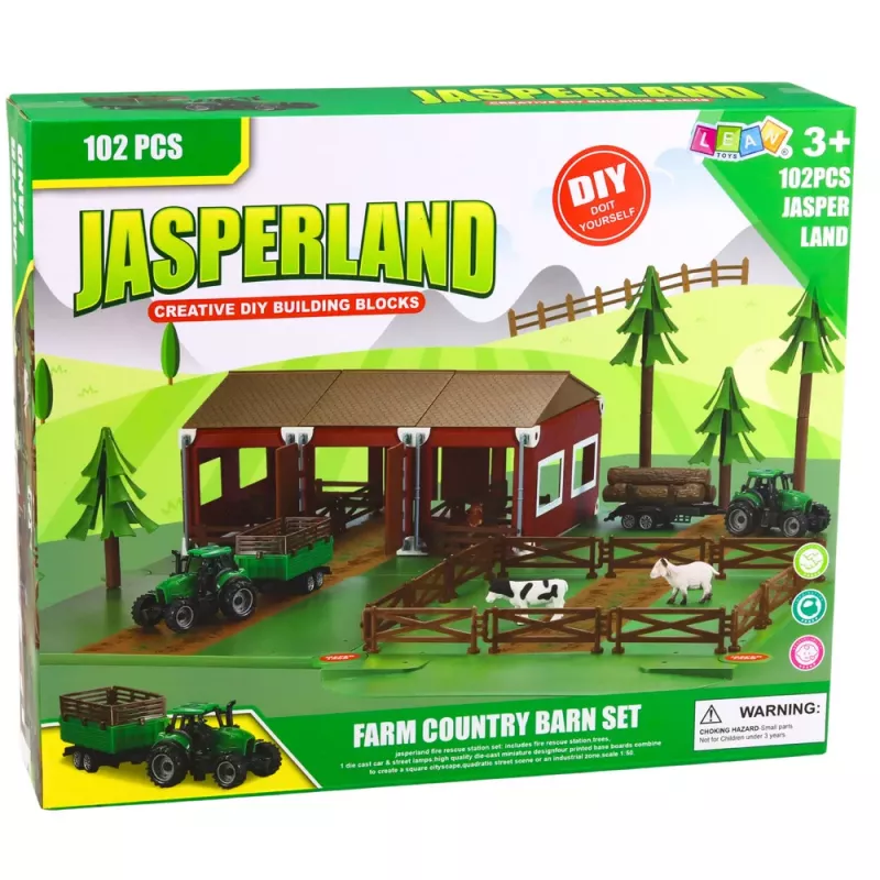 LEAN TOYS Ūkio rinkinys su ūkio namu, traktoriais ir gyvūnais, 102 dalių