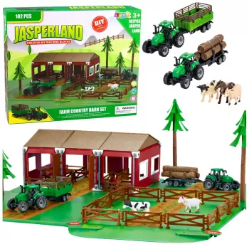 LEAN TOYS Ūkio rinkinys su ūkio namu, traktoriais ir gyvūnais, 102 dalių