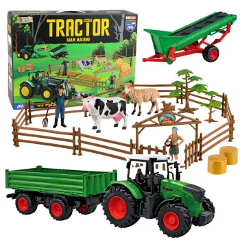 LEAN TOYS Ūkio komplektas su traktoriumi, priekaba, gyvūnais, ūkininkais ir rekvizitais – 45 dalių