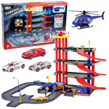 LEAN TOYS 4 aukštų automobilių stovėjimo aikštelė su liftu, sraigtasparniu ir automobiliais, 70 dalių