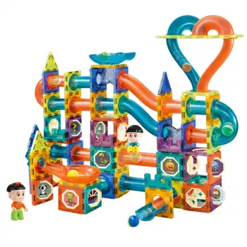 LEAN TOYS Magnetinių blokelių rinkinys su kamuoliuko trasa ir čiuožykla, spalvotas, 188 dalių