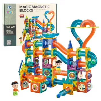LEAN TOYS Magnetinių blokelių rinkinys su kamuoliuko trasa ir čiuožykla, spalvotas, 188 dalių