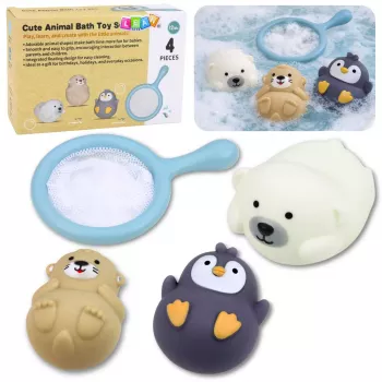 LEAN TOYS vonios žaislų rinkinys su guminiais gyvūnėliais ir sieteliu, 4 vnt.