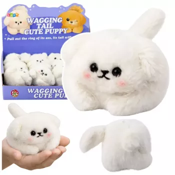 LEAN TOYS Minkštas baltas šuniukas su vizginančia uodega ir girgždesiu raktų pakabukas 9 cm