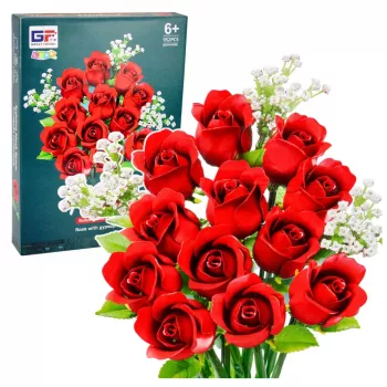 LEAN TOYS Construction Blocks Flower Bouquet Red Roses Gypsophila 952 dalių