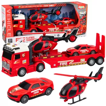 LEAN TOYS Firefighter Rescue Set su gaisrine, vilkiku, sraigtasparniu, automobiliu, sviesomis ir garsu