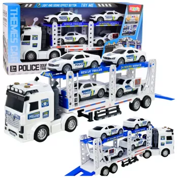 LEAN TOYS Policijos sunkvežimis su vilkiku ir policijos automobiliais, šviesos ir garsai
