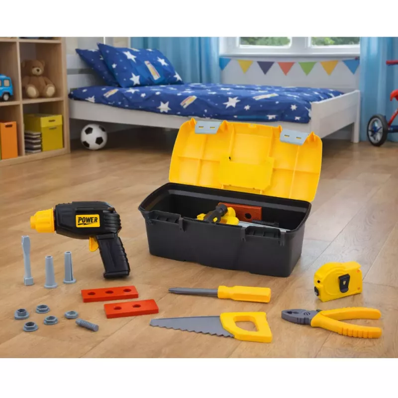 LEAN TOYS Įrankių rinkinys dėžutėje su baterijomis maitinamu atsuktuvu, 23 vnt.