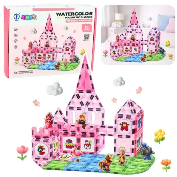 LEAN TOYS Magnetiniai blokeliai su figūrėlėmis, dažais ir kortelėmis dažymui, rožiniai, 80 vnt.